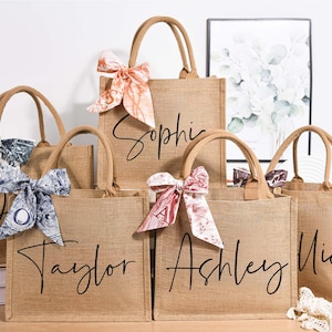 Burlap bag With Name Scarf,Personalized Bridesmaid Bags,Beach Tote Bag,Bachelorette Party Bag, Bridesmaid Proposal,Bridal Party Gift