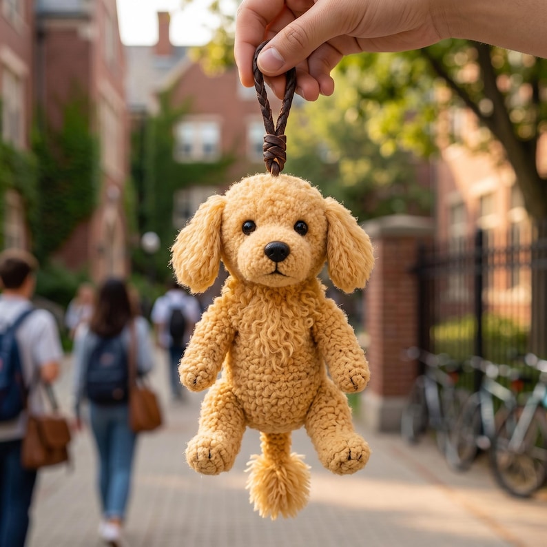 May include: A golden-yellow crocheted dog plush toy with a textured, curly yarn finish, black plastic eyes, and a black nose. The toy features long, floppy ears and a small, tufted tail, suspended from a dark brown braided leather loop strap.