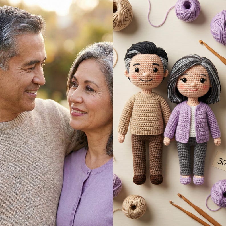 May include: A couple embraces, smiling, next to two crocheted dolls. The dolls are dressed in matching outfits, one in a tan sweater and brown pants, the other in a purple cardigan and gray pants. Yarn and crochet hooks are scattered around.