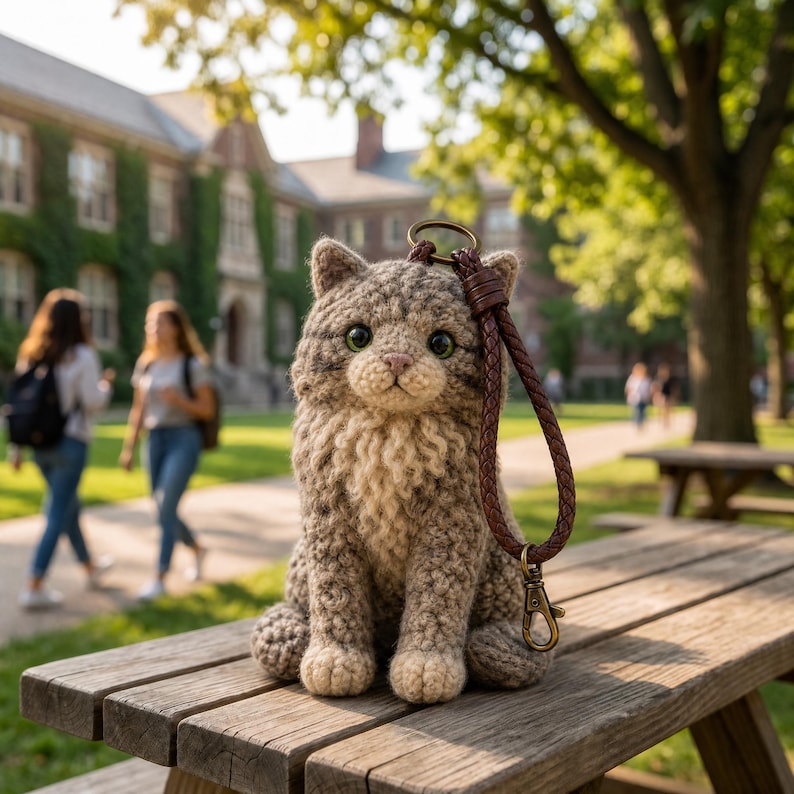 May include: A crocheted gray and white tabby cat figurine featuring green eyes and a pink nose. The cat is attached to a dark brown braided leather wrist strap with a gold-toned metal keyring and a lobster claw clasp for secure attachment.