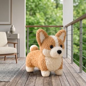 May include: A plush stuffed animal shaped like a Corgi dog, featuring a textured tan and white curly fabric exterior, upright ears, a small black nose, and dark round eyes, standing on four short legs with a small rounded tail on the back.