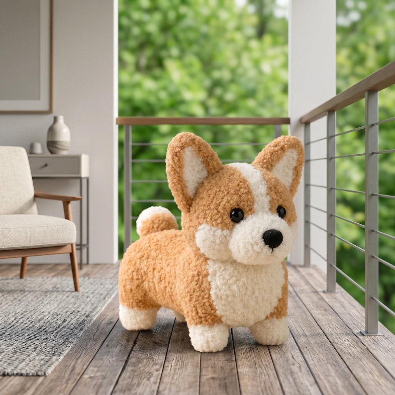 May include: A plush stuffed animal shaped like a Corgi dog, featuring a textured tan and white curly fabric exterior, upright ears, a small black nose, and dark round eyes, standing on four short legs with a small rounded tail on the back.