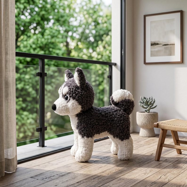 May include: A plush stuffed animal shaped like a husky dog, featuring a textured dark gray and white coat, a curled tail, and large black eyes. The toy stands on four legs and has a white face with dark gray patches around the ears and eyes.