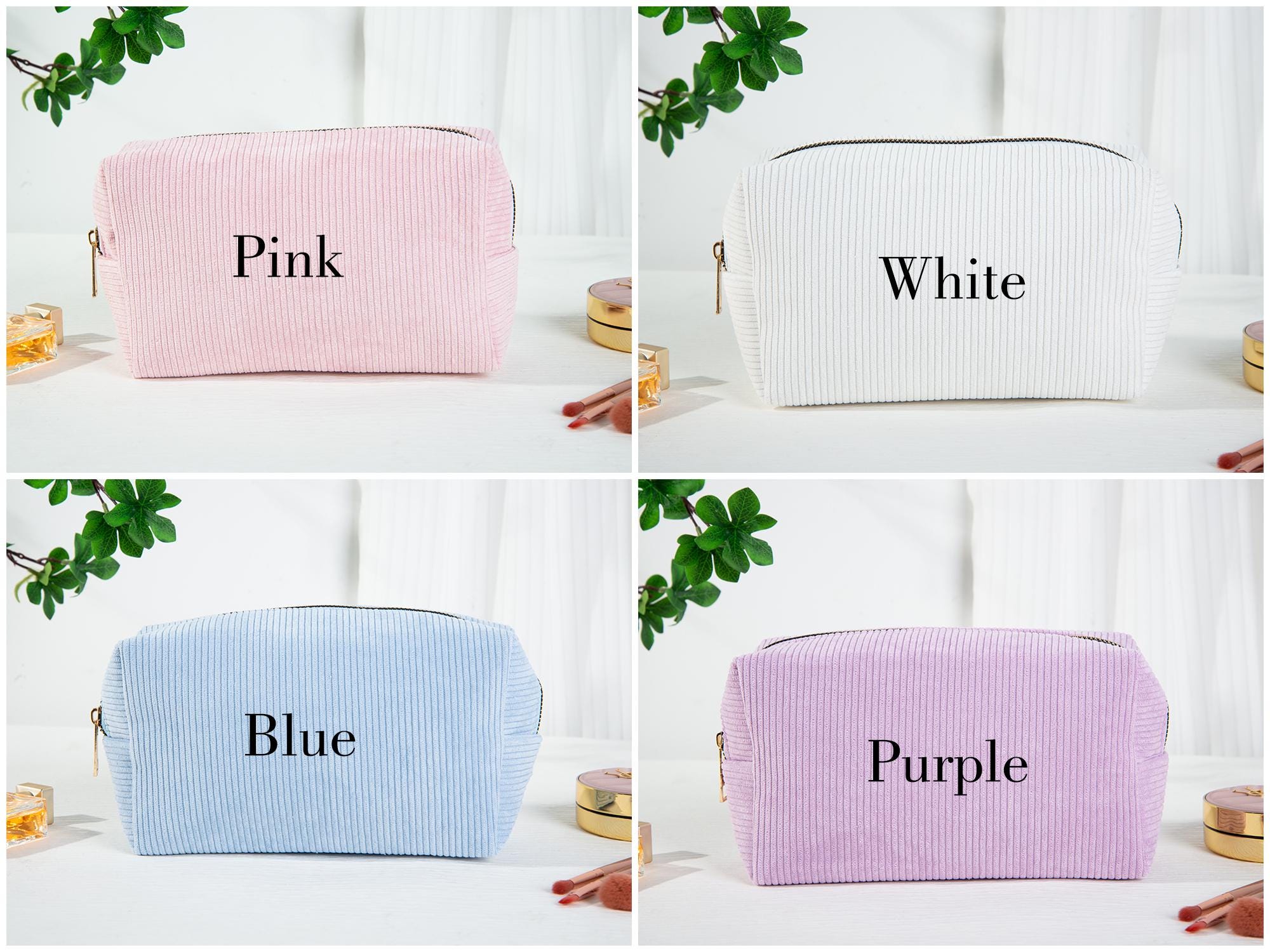 Personalisiert Make-up-Tasche Aus Cord – Mit Namen Bestickt | Kleine Kosmetiktasche Für Reise & Alltag | Weiß