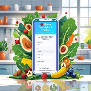 May include: A smartphone screen shows a "Macro Calculator & Tracker" app interface, surrounded by fresh produce. The app has fields for age, sex, weight (85.3 kg), and height (172.7 cm). The image includes avocados, berries, and nuts.