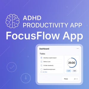 Op de afbeelding: Een digitale afbeelding die de FocusFlow-app promoot, ontworpen voor ADHD-productiviteit. De afbeelding toont een hersenicoon, de naam van de app en een dashboardinterface met een timer ingesteld op 25:00, samen met takenlijsten.