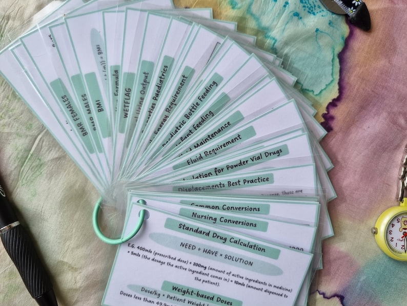 May include: A set of green and white flashcards with medical terms and calculations. The cards are fanned out and have a ring to hold them together.