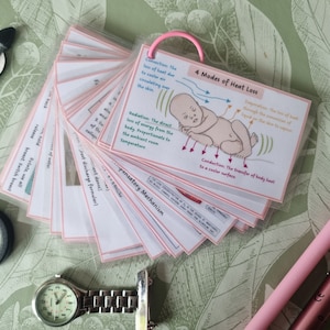 May include: A set of flashcards with pink edges, held together by a pink ring, displaying medical information. The cards feature illustrations and text about infant care, alongside a daisy-patterned scissor, a watch, and pens.