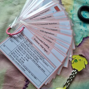 May include: A set of pink-edged flashcards with medical information, including "Preterm Vital Signs" and parameters for temperature, heart rate, and respiration. A pen, scissors, and a yellow character pin are also visible.