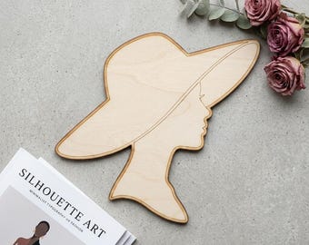 Woman Profile with Sun Hat Silhouette Cutout, Elegant Lady Face Wall Decor, Wooden Vanity Accent, Pack of 5 10 20 40 Bulk 3-8 Inch