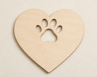 Wooden Paw Heart Cutout, 3mm Birch Plywood Pet Memorial Blank, Laser Cut Dog Cat Paw Shape, Paintable DIY Decor