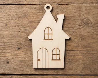 Wooden Haunted House Ornament Blank, 3mm Birch Plywood Halloween Cutout, Laser Cut DIY Paintable House, Spooky Craft Supply