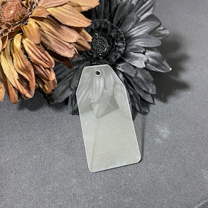 May include: A clear plastic tag with a hole at the top. The tag is lying on a black surface.