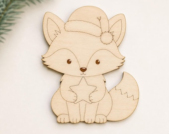 Wooden Christmas Fox Cutout, 3mm Birch Plywood Santa Hat Fox Craft Blank for DIY Holiday Decor