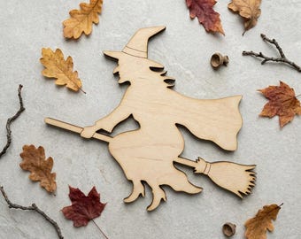 Flying Witch on Broom Silhouette Cutout, Halloween Tiered Tray Decor, Spooky Fall Keepsake Ornament Blank, 3-8 Inch Bulk Pack 5 10 20 40
