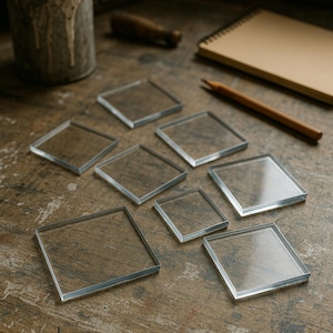 May include: Eight clear glass square coasters on a wooden surface. The coasters are various sizes and are arranged in a semi-circle.