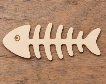 Wooden Fish Bone Cutout, 3mm Birch Plywood Cat Craft Blank, Laser Cut Fish Skeleton Shape, Paintable DIY Pet Decor