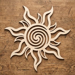 Recorte de madera de sol en espiral para manualidades, decoración de pared tribal de sol, forma de madera contrachapada de abedul celestial, símbolo de sol bohemio para proyectos de bricolaje y decoración del hogar.