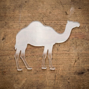 May include: A clear, transparent camel-shaped acrylic cutout. The camel is depicted in a side profile, with its hump, legs, and head clearly defined. The cutout is placed on a wooden surface.