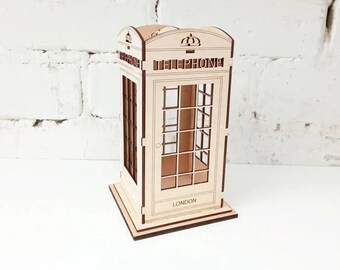 Laser Cut Wooden British Telephone Booth Pencil Holder, London Phone Booth Desk Organizer 3D Puzzle Model Digital Plans SVG DXF CDR Ai Pdf