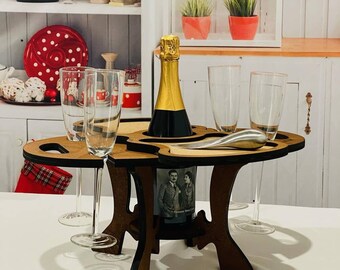 Modern Wine Table For Two Decorative Wine Caddy, Wine Holder, Single Bottle Four Glasses Laser Cut SVG DXF Stable Wine Table With Snack Tray