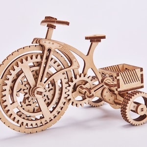 Modèle de puzzle 3D en bois découpé au laser porte-cartes de visite organisateur de bureau vélo mécanique décoration de bureau fichiers numériques SVG DXF CDR Ai