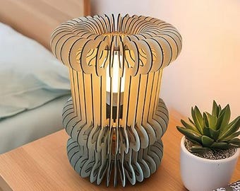 Modern Wooden Decorative Table Lamp Vector Template, Round Laser Cut Heart Pattern Shade Nightlight Layout, Digital Files SVG, DXF, CDR, Ai