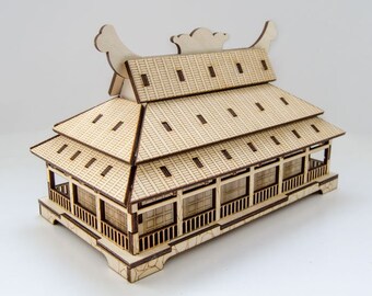 Laser cut Japanese Temple Jewelry Box Wooden Classic Japanese House Model Gift Box Decorative Japanese Temple Cigar Box Template SVG DXF CDR