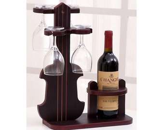 Violin Wine Bottle And Four Glass Holder Wooden Laser Cut Wine Stand Vector Template ai, svg, dxf, dwg, cdr, pdf Violin Wine Display Design