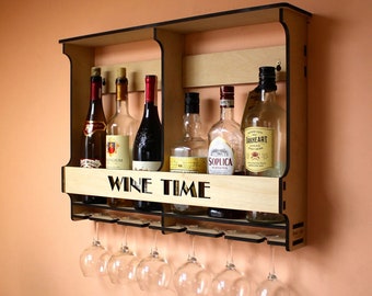 Wooden Wall Mounted Wine Rack Minibar Liquor Cabinet For 6 Bottles And Glasses Digital Files SVG DXF CDR Ai Pdf Wall Bottle Holder Template