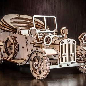 Classic Wooden Retro Car 3D Puzzle Model Kit With Assembly Instructions Wooden Constructor Mechanical Car Vector Template DXF SVG CDR Ai Pdf