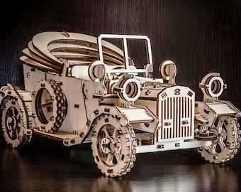 Classic Wooden Retro Car 3D Puzzle Model Kit With Assembly Instructions Wooden Constructor Mechanical Car Vector Template DXF SVG CDR Ai Pdf