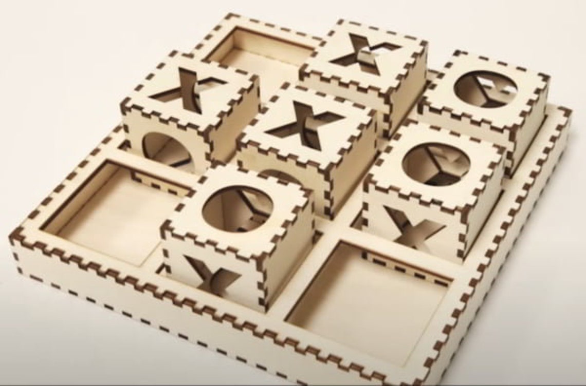 Laser Cut Wooden Tic Tac Toe Game, Tray With Engraved Boxes Digital ...