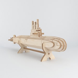 Wooden Submarine 3D Puzzle Model, Laser Cut Desktop Decoration Vector Template, Digital Files SVG, DXF, CDR, Ai, Pdf, Plywood Submarine Toy