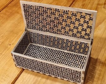 Mooie houten sieradendoos met geometrisch patroon, decoratief multiplex lasergesneden doos met deksel, digitale bestanden SVG DXF AI, sjabloon sieradendoosje