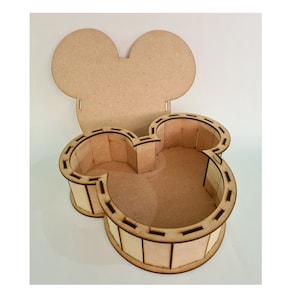 Jolie boîte à bonbons Mickey en bois, modèle vectoriel de boîte cadeau décorative découpée au laser, modèle de boîte anniversaire drôle, fichiers numériques DXF SVG CDR Ai Pdf
