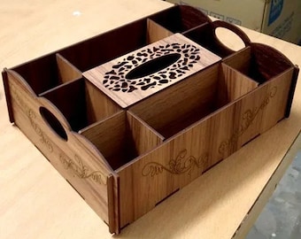 Snack Serving Tray With Tissue Box Engraved Tray Wooden Snack Organizer Laser Cut Serving Tray With Handles Vector Template SVG DXF CDR Ai