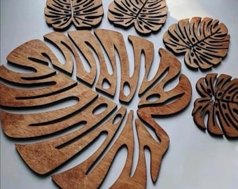 Decorative Monstera Plant Leaf Coasters And Hot Pot Stand Wooden Laser Cut Trivet And Coasters Digital Files SVG DXF Ai Kitchen Acessories