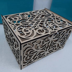 Caja de boda decorativa con ranura para tarjeta Caja de corte láser de madera con plantilla vectorial de tapa Svg DXF CDR Ai Regalo de boda para archivos Glowforge de pareja