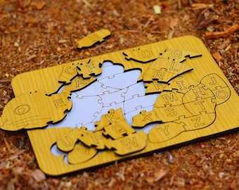 Wooden Animal Rabbit Jigsaw Alphabet Puzzle Game Layout, Funny Educational Toy For Kids Vector Template Digital Files SVG, DXF, AI, Pdf