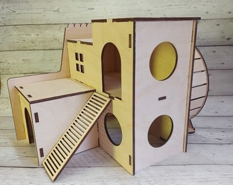 Wooden Laser Cut Hamster House and Wheel, Plywood Guinea Pig House Vector Template Digital Files SVG, DXF, CDR, Ai, Pdf Accessories For Pets