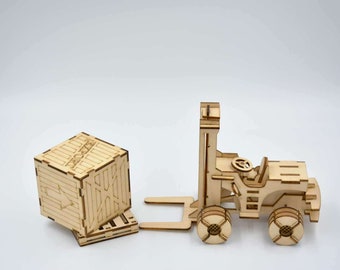 Minature Wooden Forklift 3D Puzzle Model, Cargo Box Laser Cut 3D Puzzle, Digital Files SVG DXF CDR Ai Pdf, Plywood Vehicle Vector Template