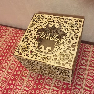 Plantilla vectorial de caja de regalo de boda cortada con láser decorativa Caja decorativa con tapa Archivos digitales SVG, DXF, CDR, Ai, PDF Descarga instantánea