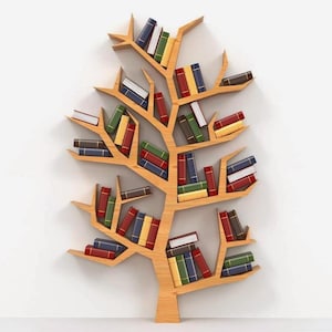 Hölzerne dreiförmige Bücherregalschablone, CNC Laser geschnittenes Regalmuster, digitale Dateien SVG, DXF, Ai, Pdf Möbelpläne für das Laserschneiden