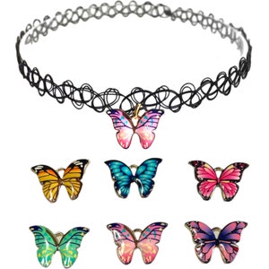 1x Black Tattoo Style Choker with Butterfly Charm Necklace