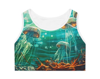 Tropical Jellyfish Sports Bra, Women's Workout Top