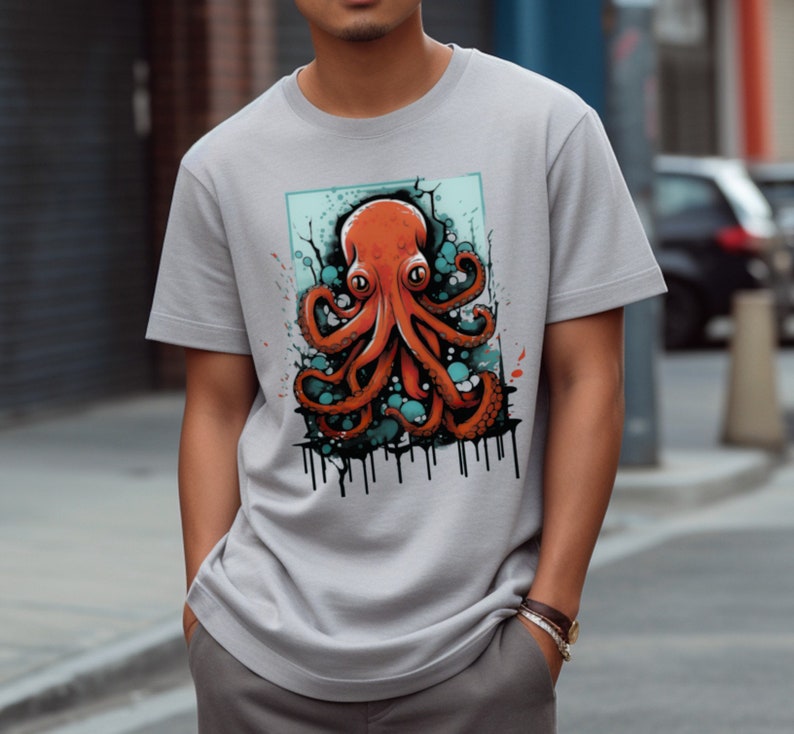 Graffiti Octopus T-Shirt Large Front Print Silver Color Featured image 1