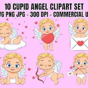 10 graziosi Cupido Angelo Clipart Bundle SVG PNG JPG Kawaii Angelo Bambino Angelo Cupido Clipart Piccolo Angelo Bambini Asilo Nido Grafica vettoriale