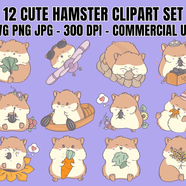 12 Cute Hamster Clipart Bundle SVG PNG JPG Kawaii Hamster Baby Hamster Cute Animal Clipart Little Hamster Kids Nursery Vector Graphics