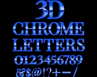 3D Blue Chrome Font: Letters, Numbers, Punctuation (PNG, SVG)